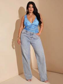 SHEIN BAE 大码女式优雅性感蕾丝边 V 领无袖吊带背心，适合度假、日常约会、夜间外出、俱乐部、派对、泳池派对、休闲度假、海滩 - 淺藍色 - 查看 3