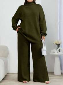 EURMUSE 2pcs High Neck Drop Shoulder Sweater And Ribbed Solid Color Sweater Pants - Army Green - View 7