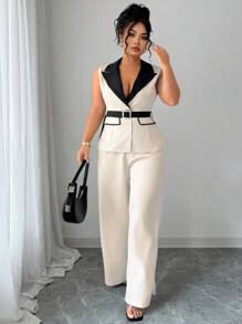 Elenzga A Two Pieces Set Of Elegant Summer Commuting Style For Plus-Size Ladies - Apricot - View 3