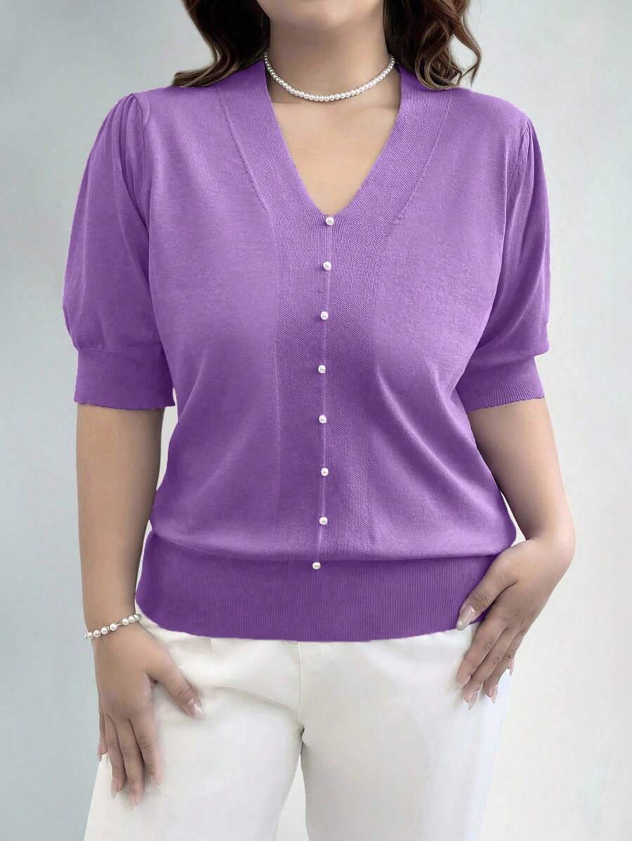 EMERY ROSE Plus Size Casual Solid Color Short Sleeve Sweater Knit Pullover Fall Winter Autumn - Purple - View 1