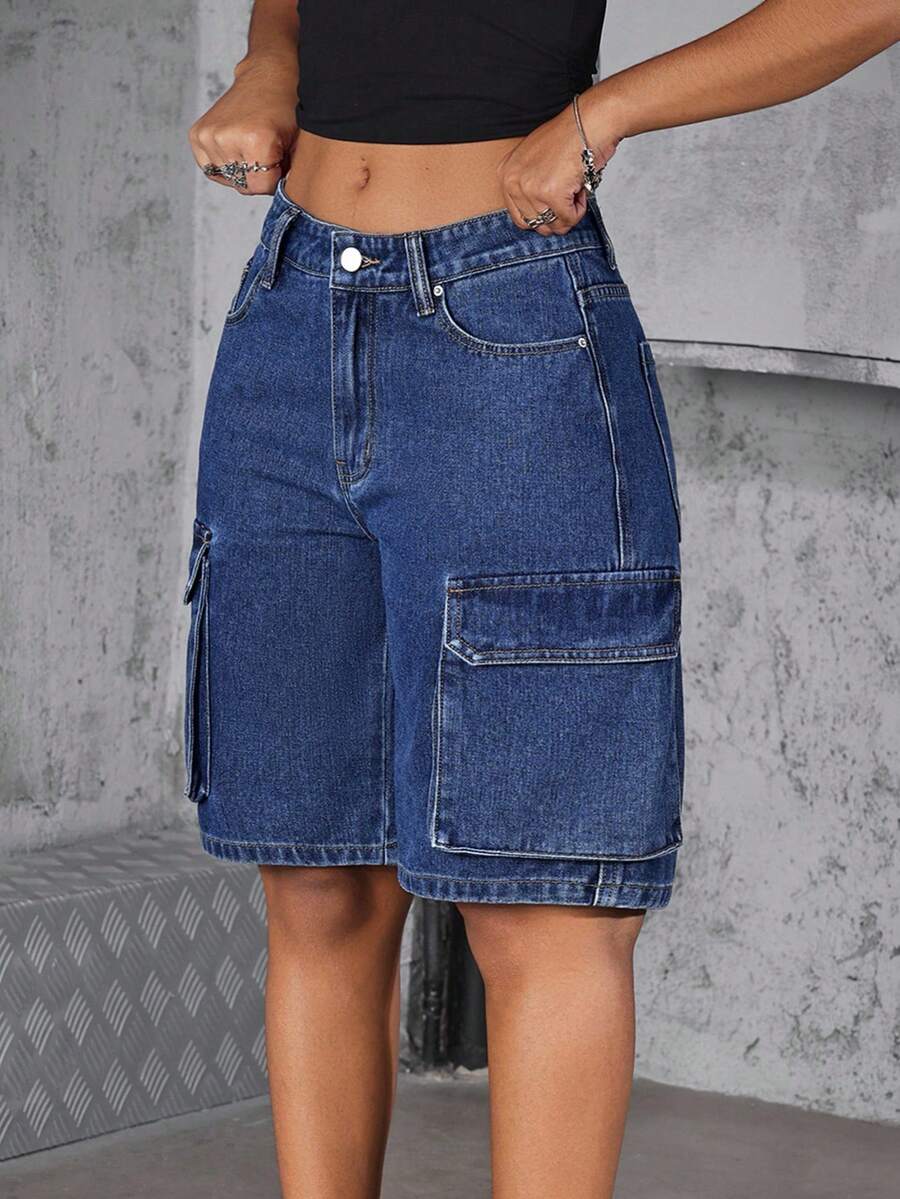SHEIN Unity Women's Loose Utility Pocket Denim Shorts - Dark Wash - View 1