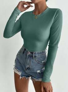 EURMUSE Solid Slim Fit Bodysuit - Olive Green - View 4