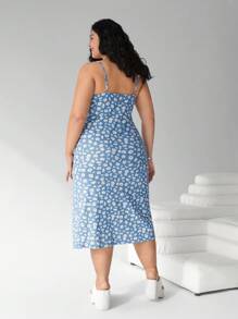 Solflare 大码女装、沙滩装、波西米亚风、春装、加大节日派对连衣裙、夏威夷女装、休闲女装、细肩带印花开衩下摆休闲连衣裙 - 藍色 - 查看 2