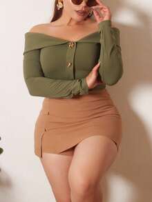 Lupita Cardoza Solid Button Detail Split Hem Skort - Camel - View 4