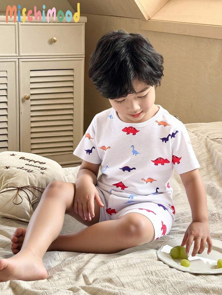 2 件套男婴彩色恐龙印花短袖上衣和短裤套装,休闲睡衣 - 淺灰色 - 查看 1