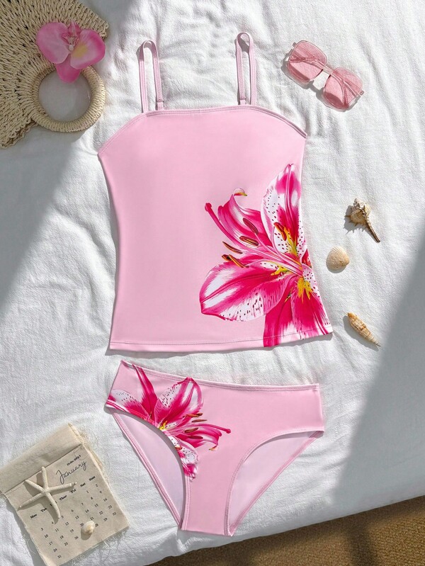 Conjunto de tankini de 2 piezas para adolescentes, nuevas llegadas 2025, conjunto de top tipo tank y shorts con estampado floral de lirio negro, diseño elegante y refinado, adecuado para natación, vacaciones y verano
