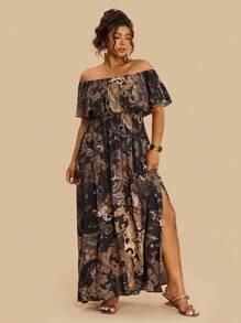 Travachic Rochie de damă plus size cu imprimeu boem Paisley și umeri goi, cu tiv cu volane, stil casual de vacanță, toamnă - Negru - Vizualizare 3