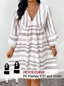 SHEIN PETITE 大码女式中袖 V 领花卉蕾丝边连衣裙，休闲度假风格，简约时尚，适合春夏季沙滩装、日常穿着 - 彩色 - 查看 1
