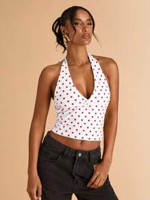 SHEIN BAE Summer Polka Dot Print Casual Halter Top, Suitable For Brunch, Outing, Dating, Commute, Cruise, Ibiza - Multicolor - View 6