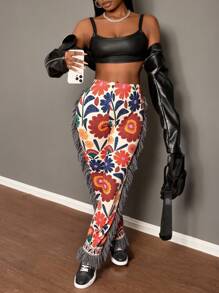 Slaydiva 2025秋冬新品/女装秋装/万圣节/女装秋冬新款春夏街头流苏标语童趣图案全身印花黑底玫红色针织女打底裤 - 紅色 - 查看 3