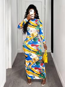 BamGleam 时尚涂鸦印花修身长裙 - 彩色 - 查看 3