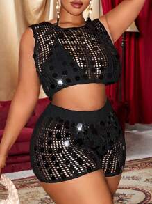 Slaydiva 复古优雅INS风美式圆点串珠无袖修身吊带背心和圆点串珠针织短裤两件套；亮片两件套；黑色两件套；网纱两件套；钩针两件套；两件短款套装 - 黑色 - 查看 6