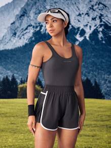 SHEIN Sports 女式休闲户外无袖连体裤，带标语印花和褶皱设计 - 灰色 - 查看 5