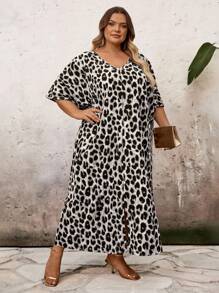 SHEIN CURVE+ Vestido casual suelto de unicolor con cuello en V y manga larga, parches, talla grande, Vestido de leopardo de talla grande, Vestido de animal de talla grande, Vestido de verano de talla grande, Vestido de leopardo de talla grande