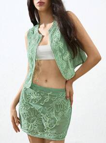 GENKIRA 2pcs Women Embroidered Chiffon Sleeveless Cardigan & Belted Mini Skirt Two Pieces Set - Green - View 3