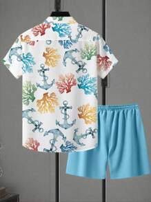 Manfinity RSRT 2 件男士 Anchor & Coral 休闲度假短袖衬衫和短裤套装