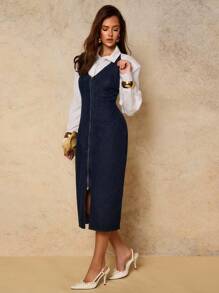 COSMINA 女式休闲露背挂脖牛仔连衣裙，复古风，秋季女装 - 藏蓝色 - 查看 3