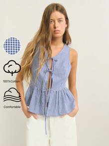 Nöista 无袖荷叶边上衣，蓝色格子印花，质地柔软，前部系带设计俏皮迷人。非常适合夏季早午餐、节日或周末出游。 - 藍白色 - 查看 1