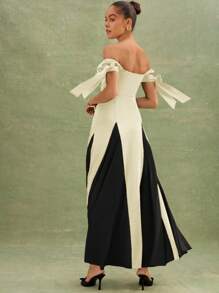 L'Amorae Elegant & Fashionable Color-Blocking Off-Shoulder Women's Dress With Waist Definition