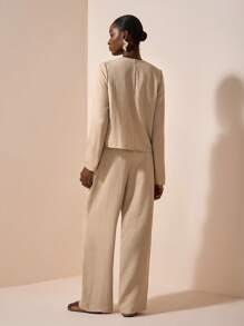 Zivah New Early Autumn Casual Elegant Daily Dating Commuting Party Intellectual Style Swing Collar High Collar Long Sleeve Loose Shirt + Straight Pants Jumpsuit Apricot Women's Two Pieces Suit-A - Apricot - View 2