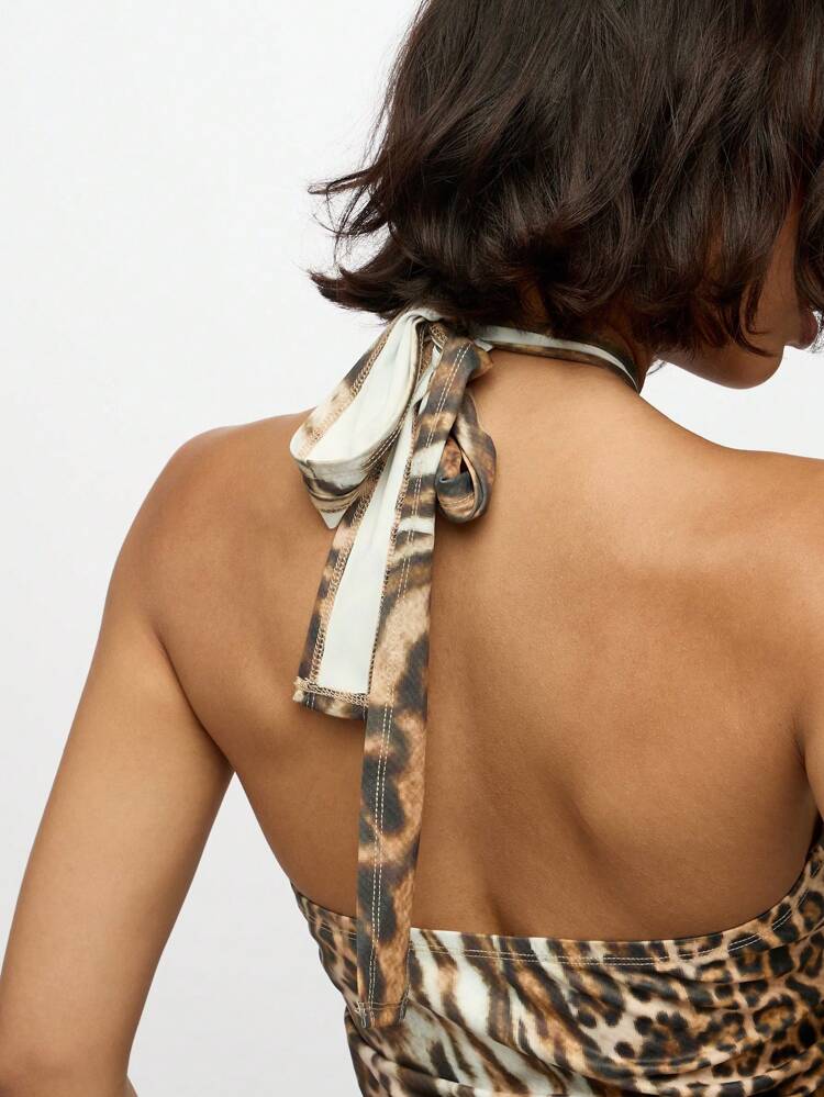SUMWON WOMEN Mixed Animal Print Halter Crop Top With Tie Back
