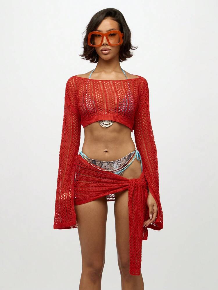 SUMWON WOMEN Crochet Bell Sleeve Crop Top With Sarong Wrap Skirt