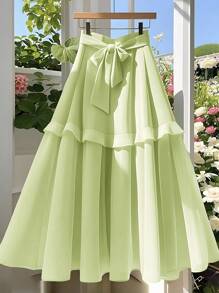 SHEIN Clasi 女士纯色打结腰部荷叶边下摆优雅 A 字裙