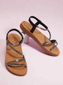 Mini mi 女童水钻系带露趾黑色凉鞋 - 时尚、闪亮、舒适的公主凉鞋 - 黑色 - 查看 2