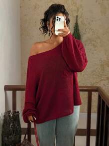 SHEIN VCAY Plus Size Women's Solid Color Voluminous Floral Decor Oblique Shoulder Pullover Sweater In Fall/Winter - Burgundy - View 3