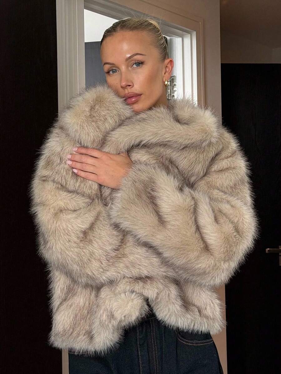DAZY Plus Size Women Faux Fur Loose Lapel Cardigan Jacket, Autumn/Winter Women Coats - Khaki - View 1