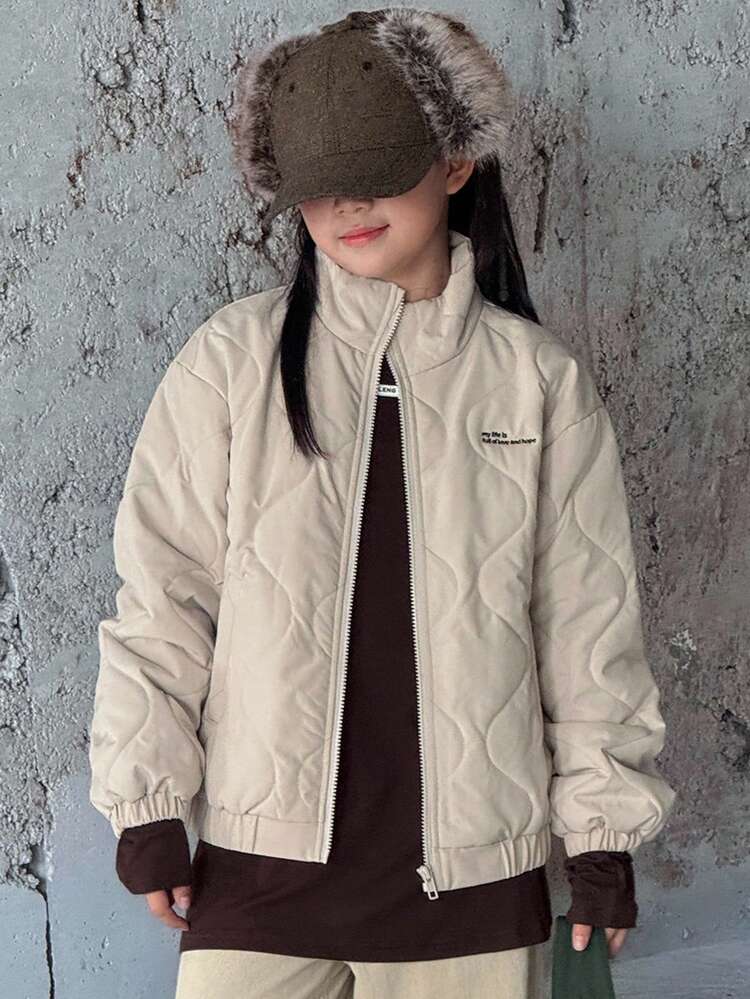 Tween Girls' Plaid Quilted Korean Casual Street Wear Long Sleeve Loose Padded Coat, Winter
