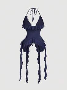 SHEIN MOD 夏季浪漫海军蓝荷叶边丝带和 3D 花朵领结上衣夏季女式上衣音乐会性感