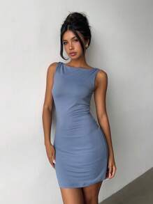 INAWLY 女士优雅纯色无袖修身连衣裙，夏季 - 藍色 - 查看 6