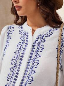 Boho Mama Damen elegante Bluse mit Blume Muster und Puffärmeln, Einzelreiher, Bohemien Vintage Muster, weiße Langarmbluse, Boho Stil Damen Bluse, Langarmbluse, Herbst Damen Bluse - Blau-Weiß - Übersicht 7