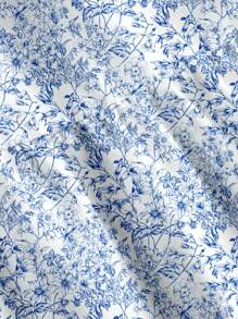 SHEIN EZwear 女士休闲度假三层蛋糕裙，适合夏季和度假，蓝白花卉、树枝和树叶印花 - 彩色 - 查看 4