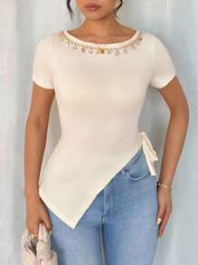 Chiquease T-shirt tricoté avec garniture de col frangée, ornement de ruban de coquillage - Nude - Voir 3