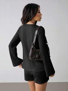 SHEIN PETITE 2 件套女士夏季纯色前系带长袖衬衫 + 针织短裤休闲度假套装 - 黑色 - 查看 2