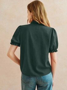 Écloséra 时尚优雅日常百搭荷叶边短袖风琴边刺绣红色女式春夏衬衫 - 墨綠色 - 查看 2