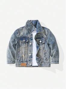 SHEIN Baby Boy Distressed Denim Jacket Light Blue,Autumn,Street Life Casual Graphic Street Fashion,Back-To-School Vintage Urban Loose Fit Ripped Jacket - Medium Wash - View 1