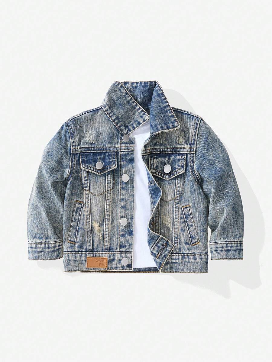 SHEIN Baby Boy Distressed Denim Jacket Light Blue,Autumn,Street Life Casual Graphic Street Fashion,Back-To-School Vintage Urban Loose Fit Ripped Jacket - Medium Wash - View 1