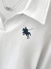 SHEIN 女款骑士图案 Polo 领修身白色长袖 T 恤秋季女装 - 白色 - 查看 6