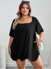 SHEIN CURVE+ 大码女装/秋季/冬季女装/冬季大码方领不对称下摆口袋短袖T恤黑色上衣 8XL 女装 6XL 女装 5XL 大码女装 大码上衣 大码女装 大码女装 大码女装 假日 女装 秋季 女装 冬季 大码女装 - 黑色 - 查看 5