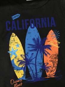 SHEIN Young Boy Casual Vacation Style, Colorful Surfboard Print, Classic California City Name Print, Star, Palm Tree Silhouette Print Tank Top, Suitable For Summer Beach Swim Surfing