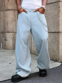 PAVTROS 男士休闲时尚街头潮流纽扣宽松阔腿牛仔裤男条纹宽松浅蓝色条纹阔腿裤 - 淺色水洗藍 - 查看 4