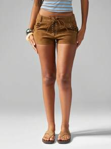 MISSGUIDED 绒面系带热裤高腰超迷你短裤西部波西米亚风节日海滩夏季度假旅行派对俱乐部穿着短裤 - 棕色 - 查看 4