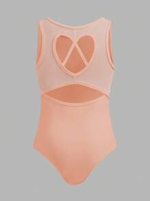 SHEIN 青少年女孩纯色连体衣，后背心形设计，适合上学、运动、舞蹈、体操穿着 - 橘色 - 查看 3