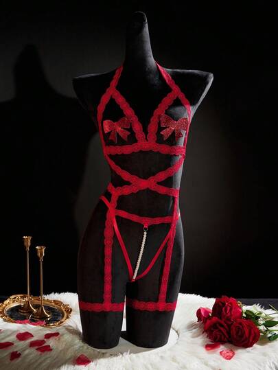 SpicyHot Sexy Lace Hollow Out Top + Lace Garter Belt + Lace Sexy Hollow Out G-String + Bow Nipple Covers, Women Sexy Lingerie Set