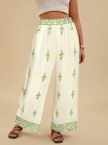 SHEIN VCAY Quần vải lanh nhẹ thoải mái họa tiết hình học cỡ lớn cho nữ mùa hè - màu xanh lá - Xem 3