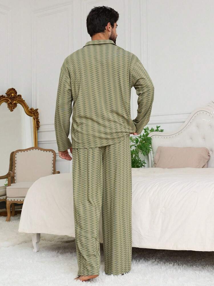 Geometric Textured Green Shirt + Men Home Wear Set, Spring/Summer Fall,Winter Clothes Pajama