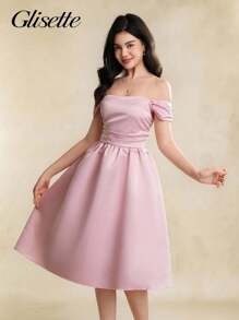 少女粉色露肩荷叶边优雅连衣裙 - 粉色 - 查看 4